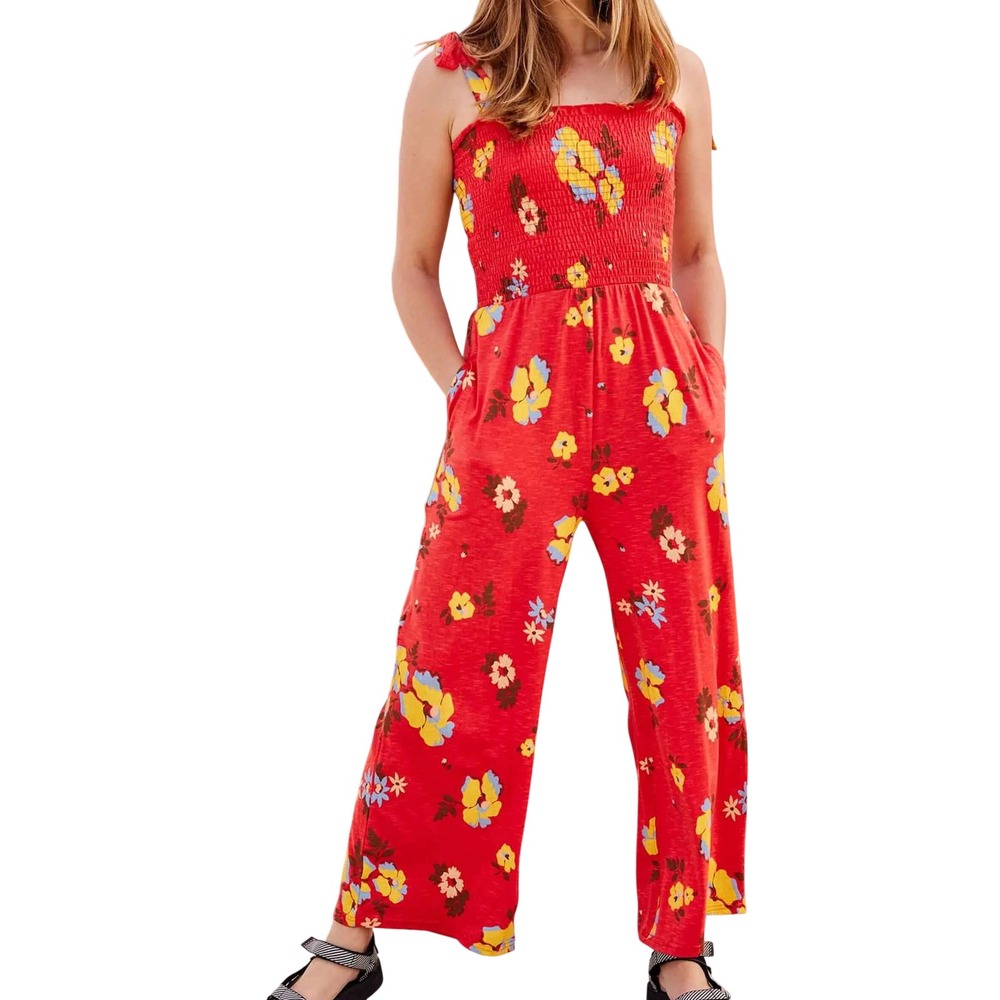 Toad&Co Gemina Sleeveless Jumpsuit Winterberry Floral Red Smocked NWT M Cottage